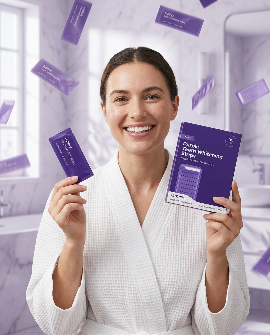 Smiling woman in a white waffle robe holding the Purple Teeth Whitening Strips box and a single strip, with translucent purple whitening strips raining down through the air around her in a marble bathroom
